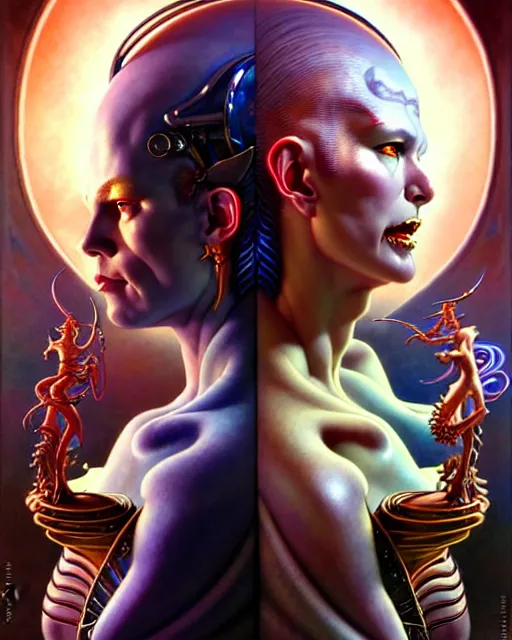 Image similar to beautiful gemini good and evil fantasy character portrait, ultra realistic, wide angle, intricate details, the fifth element artifacts, highly detailed by peter mohrbacher, hajime sorayama, wayne barlowe, boris vallejo, aaron horkey, gaston bussiere, craig mullins