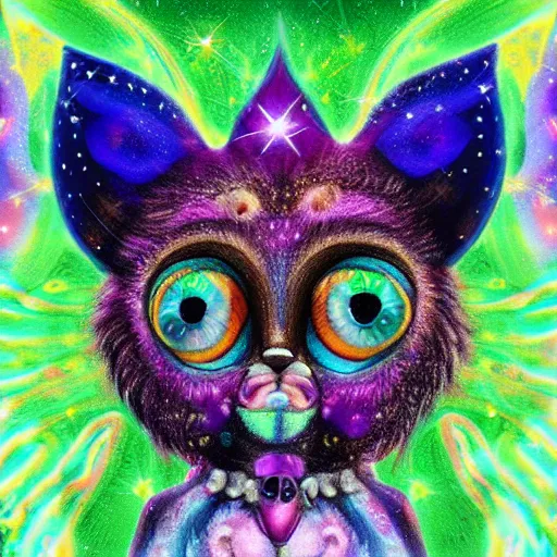 Image similar to adorable animal spirit guide with big beautiful eyes, galactic background