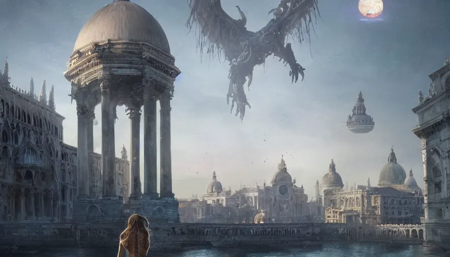 Prompt: a gargantulan alien ufo high tech spaceship eerily hovering on italy venice city landscape with beautiful temples by greg rutkowski, artgerm, ross tran, magali villeneuve, intricate, time travel theme, audince in awe, spectacle, audience sorrounding, award winning, octane render, masterpiece, 8 k, beautiful