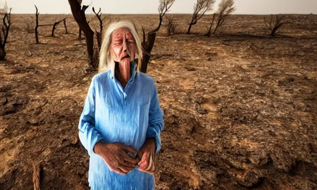 Image similar to medium shot of a crying ancient dried up Danu, peaceful, facing the camera and standing in front of a dried up river in a desolate land, dead trees, blue sky, hot and sunny, highly-detailed, elegant, dramatic lighting, artstation, 4k, cinematic landscape, photograph by Elisabeth Gadd