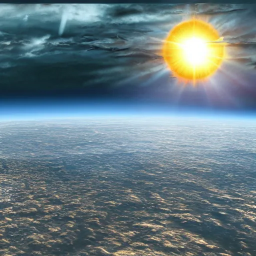 Image similar to the end of the world as the sun swallows the earth, highly detailed matte painting, 4 k