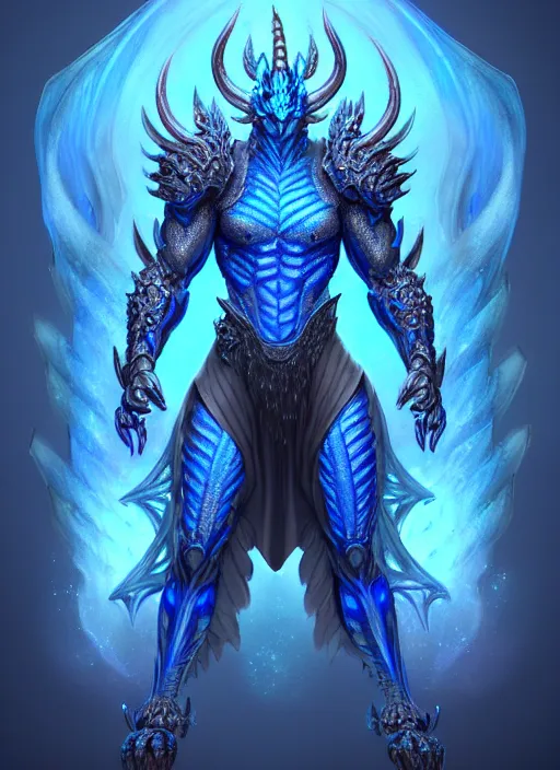 Image similar to muscular and tall blue ghostly fire humanoid dragon!!!! draconian!! intricate ornate iridescent heavy armor!! character concept art, sharp focus, octane render! unreal engine 5! highly rendered!! trending on artstation!! detailed linework!! illustration by artgerm, wlop, and chie yoshii