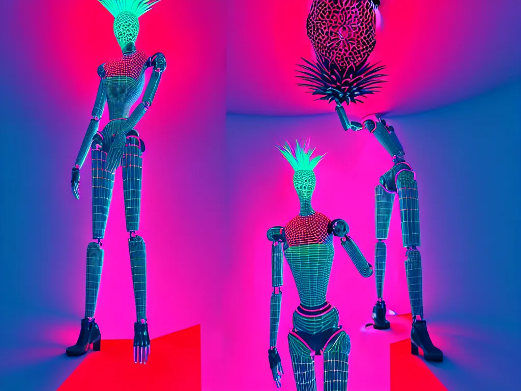 Image similar to beautiful tall female robot printed with red and black 3 d geometrical neon facing a doorway opening with neon pink geometric fractal light + a portal to a vaporwave world, flowering pineapples, transcendent, clean linework, dramatic, finely detailed, 4 k, trending on artstation, photorealistic, volumetric lighting, octane render