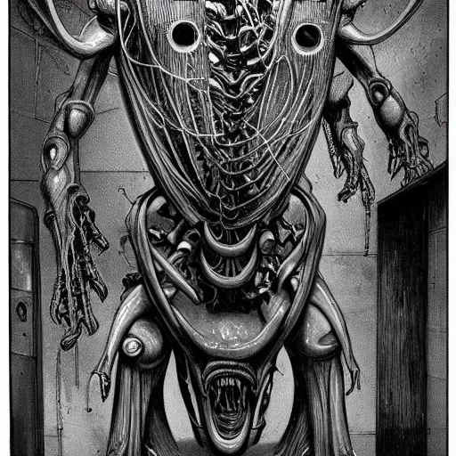 Image similar to a biomechanical tripedal creature designed by giger, horrifying, in an abandoned basement