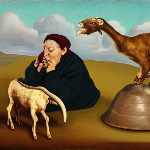 Image similar to a surrealist image of an old woman swallowing a whole goat in one gulp