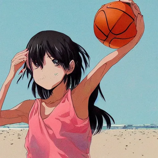 Image similar to anime portrait of young girl playing basketball at the beach by Conrad Roset