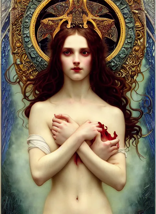 Image similar to majestic demonic succubus porcelain skin girl movie poster, art style by edmund leighton, tom bagshaw, alphonse mucha, exquisite digital art, iconic, masterpiece, organic painting, photorealistic, ornate and hyper detailed