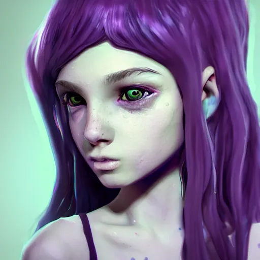 Prompt: artstation young teen with purple eyes and tiny and very thin tentacles on her head, in despair, very detailed, portrait, high contrast, unreal engine 5