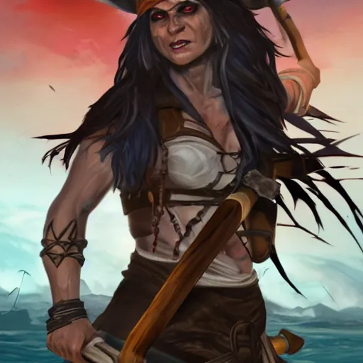 Image similar to a strong pirate woman in a sleeveless vest, angry, black lines running up her arms, grieving, storm in the background, long dark hair, wielding a shadowy axe, character art, full body art, Dungeons and Dragons, D&D, trending on artstation, artgerm, 4k ultra hd, sharp focus, digital art by Ilya Kuvshinov and Ross Tran,