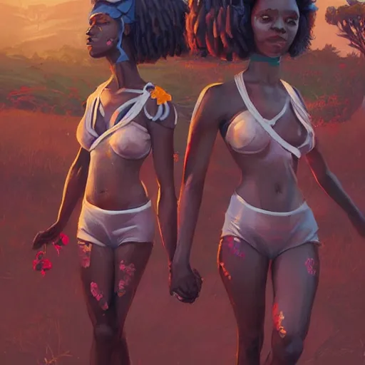 Image similar to beautiful Zulu goddesses holding hands, focused, worried, highly detailed, artstation, concept art, sharp, illustration, art by artgerm and Simon Stålenhag