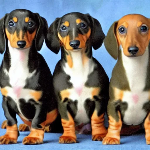 Image similar to color painting of many dachshund puppies nursing,