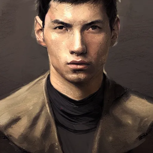 Image similar to Portrait of a man by Greg Rutkowski, he is about 30 years old, mixture between russian and chinese, short black hair, attractive, smart looking, he is wearing a utilitarian beige and black jumpsuit, highly detailed portrait, scifi, digital painting, artstation, concept art, smooth, sharp foccus ilustration, Artstation HQ