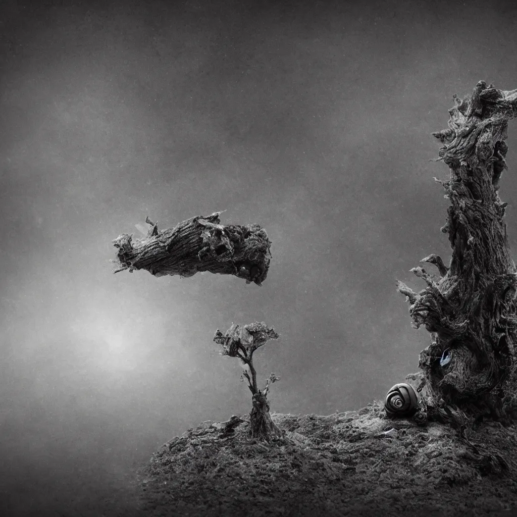 Image similar to a tardigrade in front of a dead tree placed upon a cliff, behind a fence, hazy memory, volumetric, dark black and white in the style of alvin schwartz, epic angles