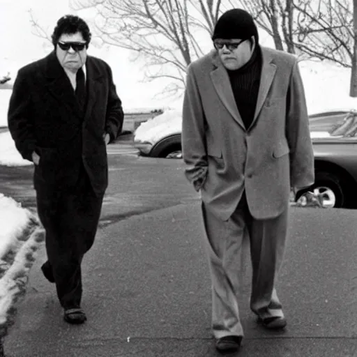 Prompt: Morton Feldman wearing a powersuit while walking through the suburbs in the winter