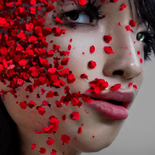 Image similar to made by naoto hatorri, beautiful woman covered in tiny rose petals, closeup portrait shot, hyper - detailed, 4 k concept art, smooth, sharp focus. - h 7 6 8