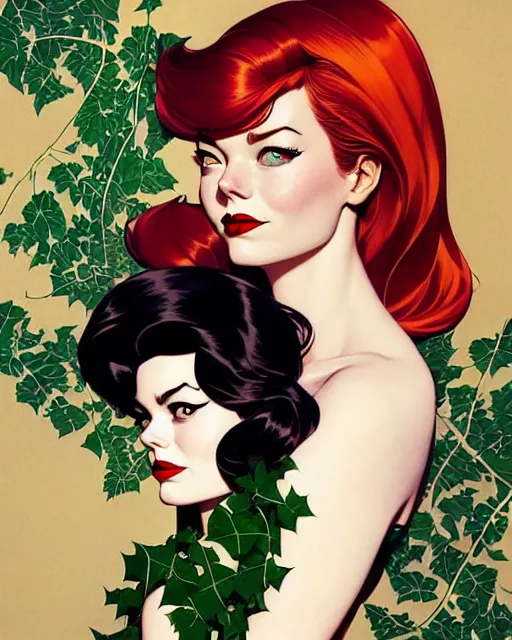 Prompt: joshua middleton, phil noto, norman rockwell, artgerm, 1 9 5 0 s rockabilly emma stone poison ivy dc comics, vines, symmetrical eyes, city rooftop