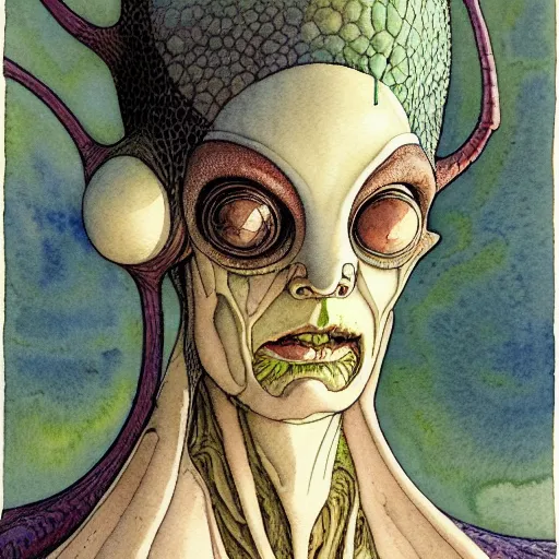 Prompt: a simple and atmospheric watercolour portrait of a pulp sci - fi alien mother bug, very muted colors, by rebecca guay, michael kaluta, charles vess and jean moebius giraud