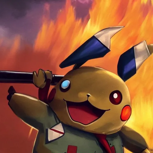 Image similar to pikachu in ww 2 uniform and a mustache, fighting in world war 2, photorealistic, high detail, sharp focus, smooth edges, dramatic, sky on fire with dogfights in the sky.