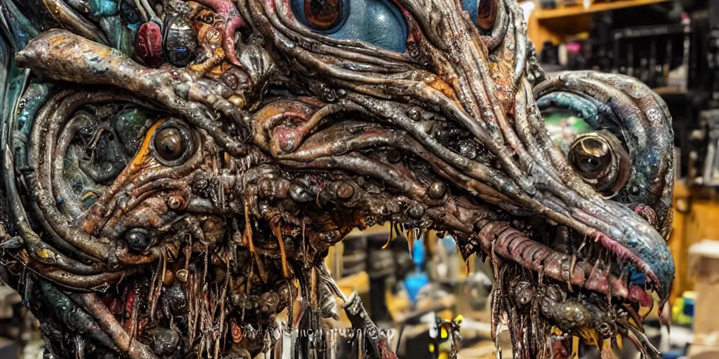 Image similar to photo taken of an epic intricate, ultra detailed, super realistic gritty, hero prop, exquisitely painted animatronic movie prop of a wet slimy grotesque nightmarish hellish avian creature displayed in the workshop, created by weta workshop, full body shot, photorealistic, sharp focus