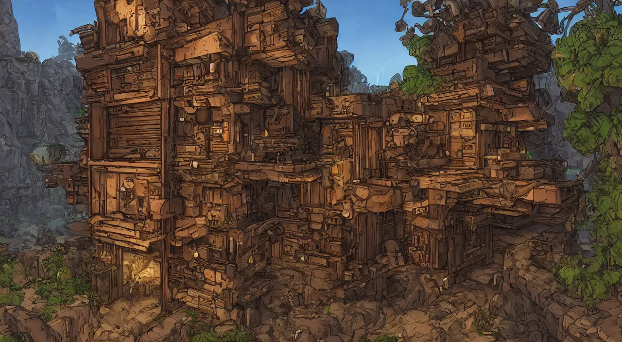 Image similar to wood wall fortress greeble block amazon jungle portal door unknow world global illumination ray tracing ambiant torch fornite that looks like it is from borderlands and by feng zhu and loish and laurie greasley, victo ngai, andreas rocha, john harris