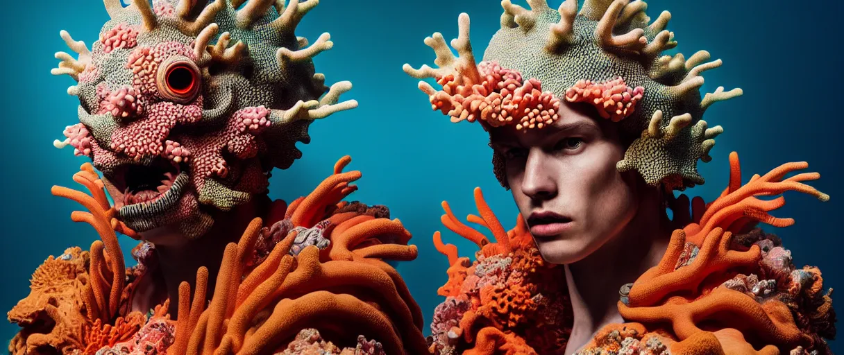 Image similar to hyperrealist highly detailed english medieval portrait of high fashion monster wearing reef armor, radiating atomic neon corals, concept art pascal blanche dramatic studio lighting 8k wide angle shallow depth of field