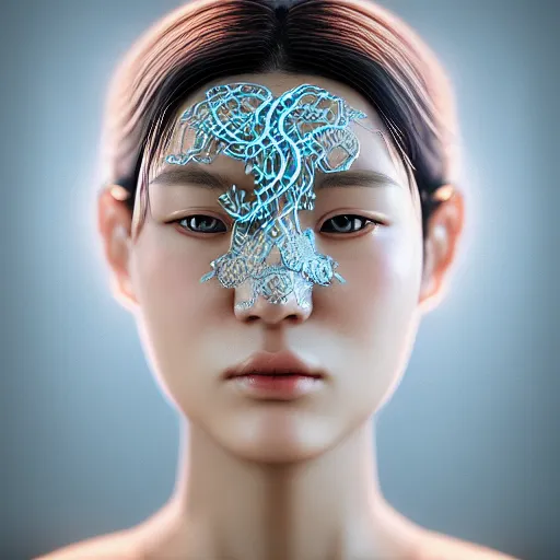 Image similar to intricate highly detailed face portrait of asian - european woman, light blue chrome vines on her face, intricate, cgsociety, unreal engine, octane render, sharp focus, smooth, volumetric lighting, cinematic composition, artstation