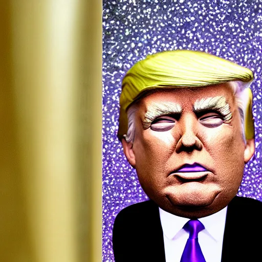 Image similar to Donald Trump with silver-violet hair, white eyes and golden glittery dress, wide lens, diorama, 4k,