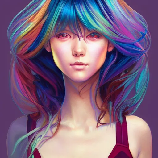 Image similar to portrait of beautiful symmetrical anime girl, rainbow hair, attractive, casual, modern, victoria's secret, highly detailed, digital painting, artstation, concept art, smooth, sharp focus, illustration, art by artgerm, greg rutkowski and alphonse mucha, 8 k,