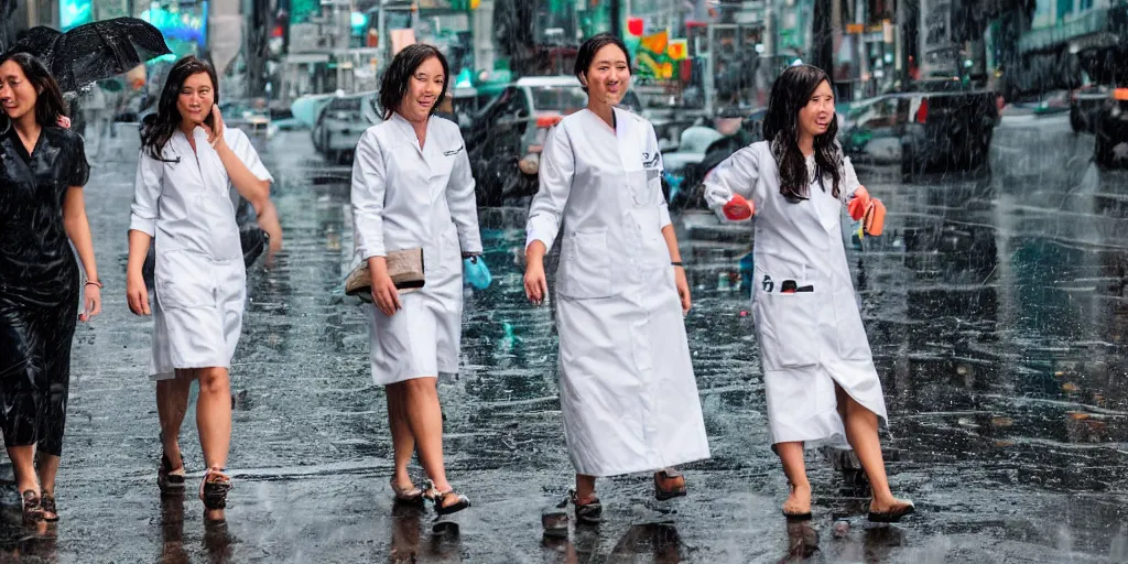 Prompt: 3 beautiful woman plaque doctors wearing white wet short sun dresses walking toward the camera in the wet cyberpunk streets of new york at sunset, police hover cars in the background, mud puddles,