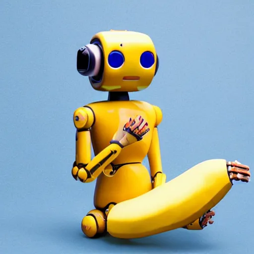 Prompt: detailled robot in meditation pose holding a banana in hand