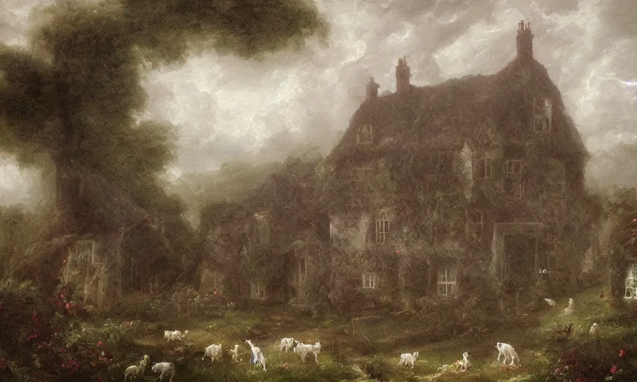 Prompt: spooky english cottage, ghosts, hound, pigs, misty garden, thomas cole, intricate details