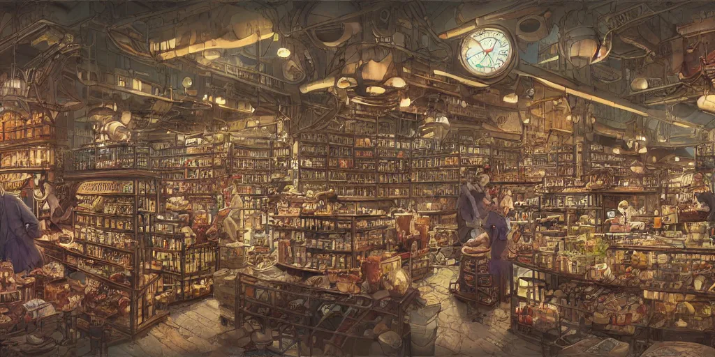 Prompt: Steampunk grocery store overview mapa design, Moebius, Greg Rutkowski, Zabrocki, Karlkka, Jayison Devadas, Phuoc Quan, trending on Artstation, 8K, ultra wide angle, pincushion lens effect