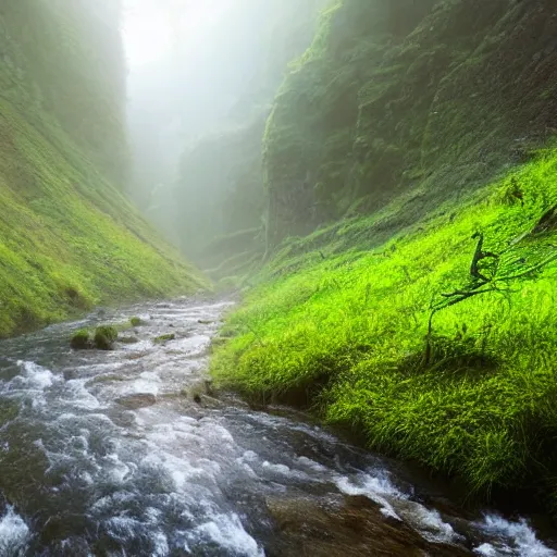 Image similar to stream running through a valley, very high steep mountains, fog, mist, god rays, fantasy, epic