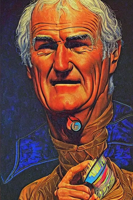 Image similar to an awesome jean giraud portrait of timothy leary telling jokes in the style of a renaissance masters portrait, mystical and new age symbolism