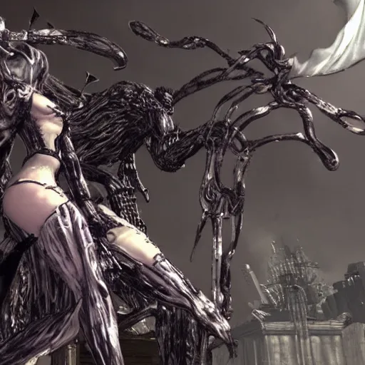 Prompt: The Shadowlord from Nier Replicant fighting the machine life forms, highly detailed, realistic, tragic