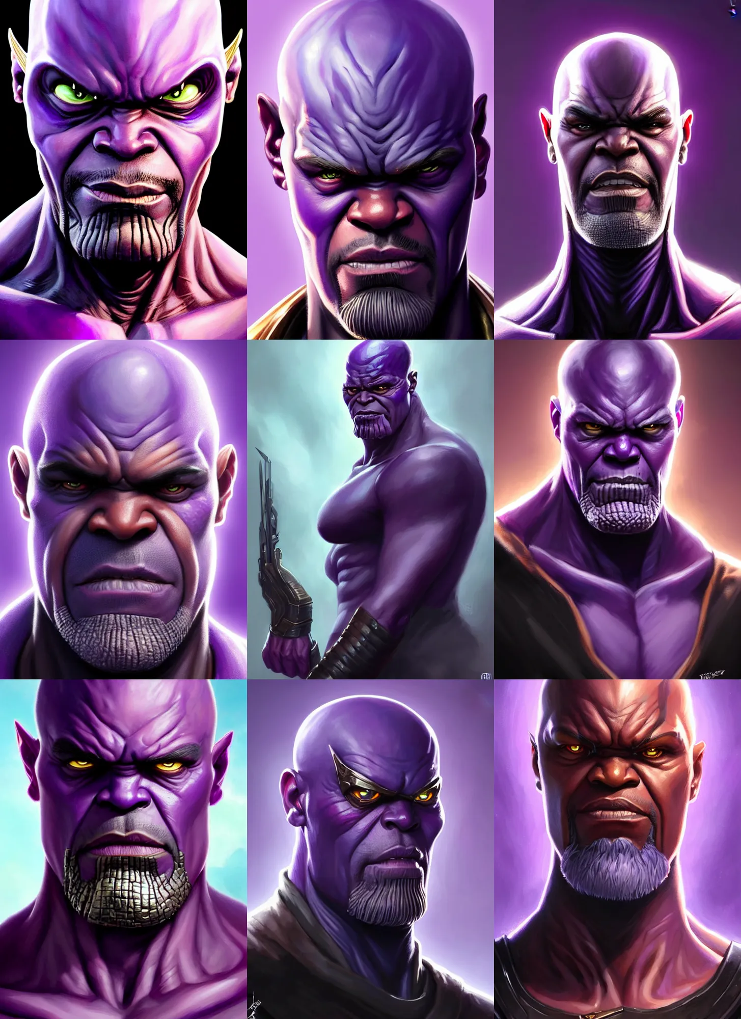 Prompt: a fantasy style portrait painting a character if nick fury and thanos had a son purple skin, powerful chin, with eye patch, thanos style traits, painting, unreal 5, daz., rpg, portrait, extremely detailed, artgerm greg rutkowski _ greg