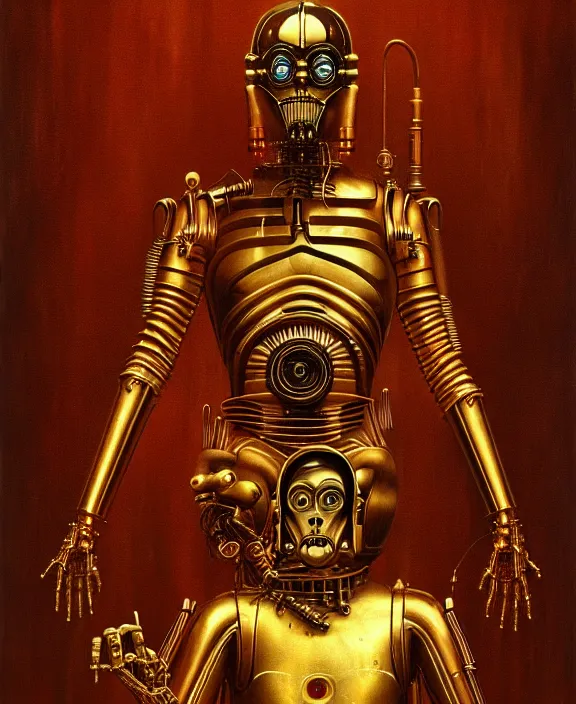 Image similar to demonic c - 3 po, by hr giger and beksinski and stephan martiniere, trending on artstation, 4 k resolution, detailed, high quality, hq artwork