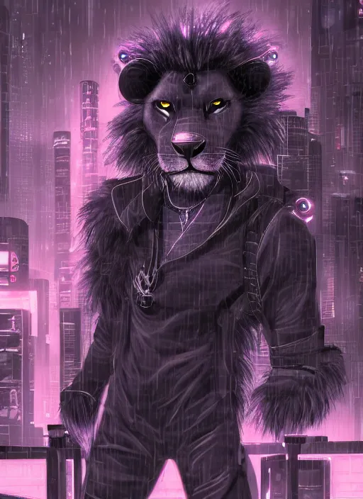 Image similar to character portrait of a male anthro black lion fursona with a cute beautiful attractive detailed furry face wearing stylish cyberpunk clothes in a cyberpunk city at night while it rains. hidari, color page, tankoban, 4K, tone mapping, Akihiko Yoshida.