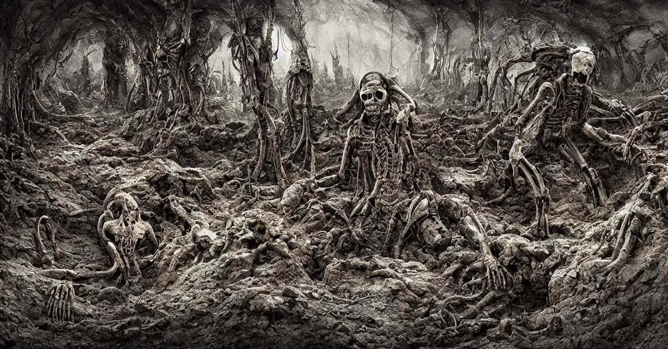 Prompt: futuristic archaeologist excavating buried huge alien skeleton hidden in deep dark mud, deep sense of horror atmosphere, visual fidelity and plasticity, deep depth, defocus, digital art, in style of franklin booth