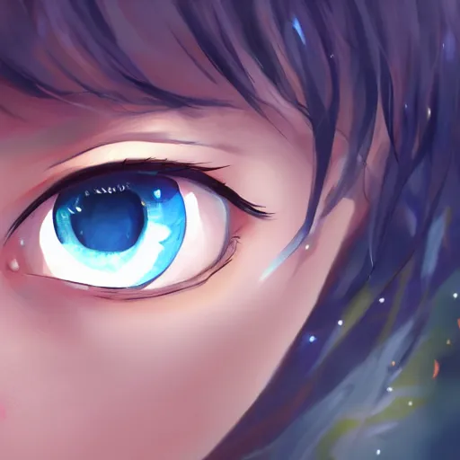 Image similar to a girl's eyes, stars are hidden in the eyes, 8 k, stunning, dream, highly detailed, super macro, surrealist, close - up view,, style of magical girl, makoto shinkai