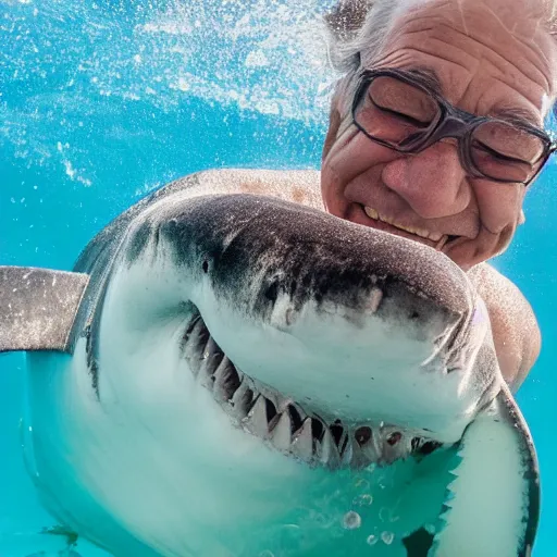 Image similar to elderly man swimming with a great white shark, smiling, happy, underwater, shark, great white, crystal clear water, adventure, canon eos r 3, f / 1. 4, iso 2 0 0, 1 / 1 6 0 s, 8 k, raw, unedited, symmetrical balance, wide angle