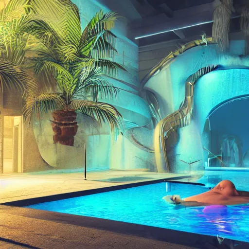 Image similar to a hyperrealistic 3 d render of a broken statue in a surreal underground swimming pool surrounded by palm trees water slides and neon lights, vaporwave, unreal engine, octane render, dramatic lighting, volumetric lighting, neon lighting, ultra detailed, photorealistic