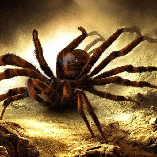 Prompt: giant tarantula attacking humans in cave. cave covered in spider webs, dark fantasy, liminal space, dark paradise, digital art, 4 k