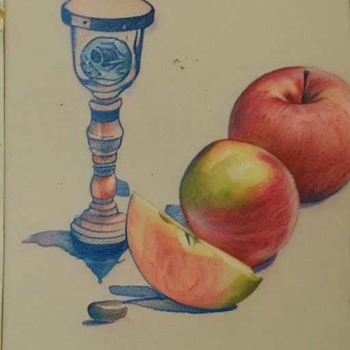 Image similar to a old tattoo of a sailor from the 1 9 4 0 s eating a honeycrisp apple, blues and whites, sketching, watercolor, color restoration, high quality