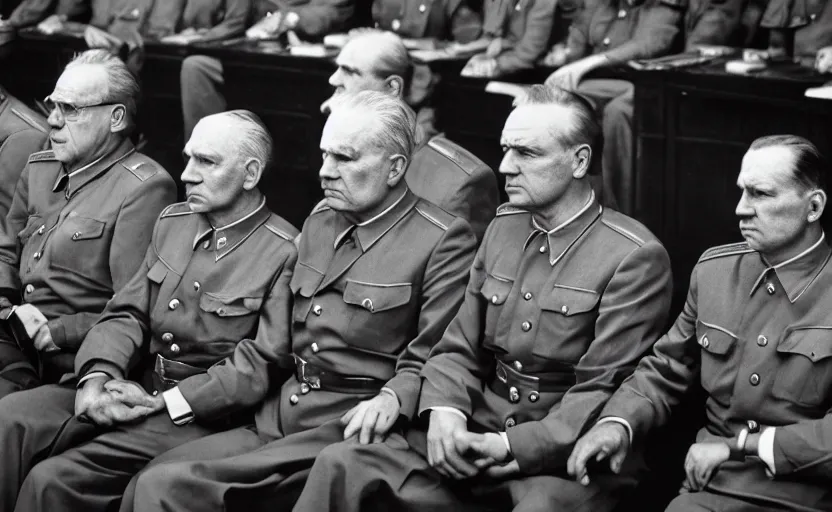 Prompt: 50s movie still of very diverse soviet generals head with very detailed faces in a stalinist parlement, by Alexei Guerman, Cinestill 800t 35mm black and white, heavy grainy picture, very detailed, high quality, 4k, HD criterion, precise texture, face diversity, haircut diversity, age diversity