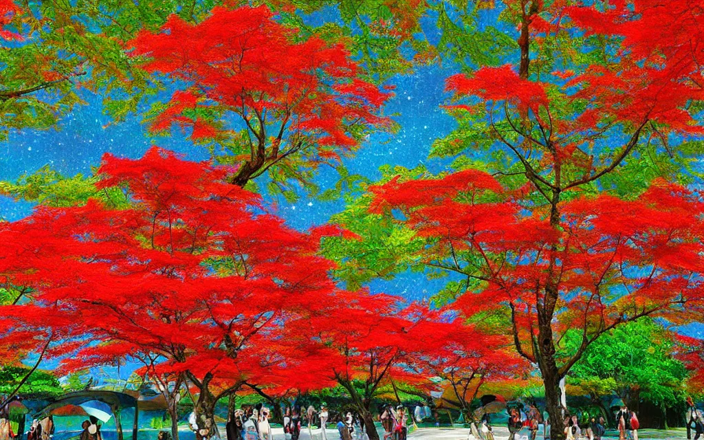 Image similar to beautiful red maple park in fukuoka. fibonacci cubes and prisms. retro art by jean giraud and van gogh.