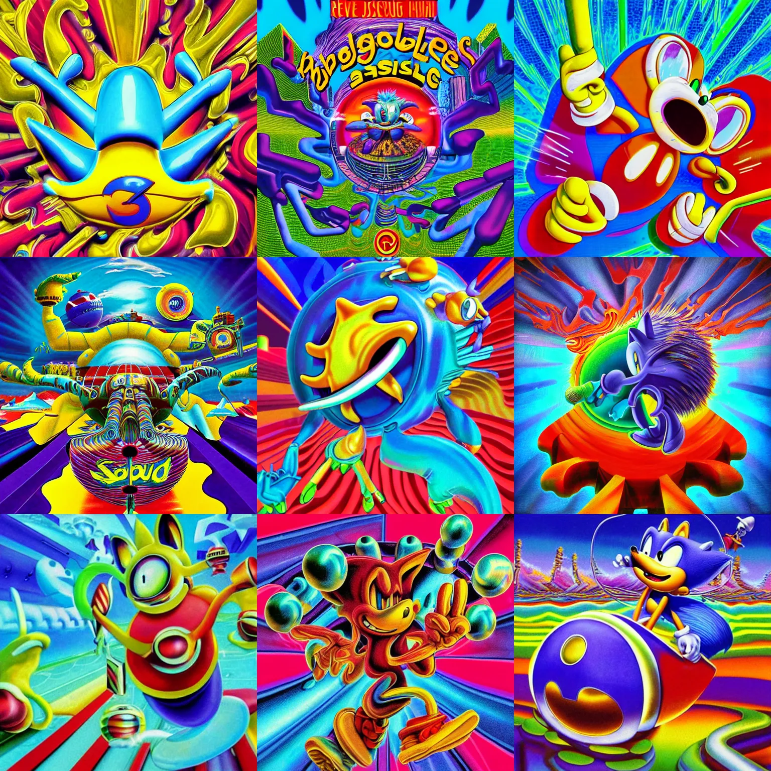 Image similar to retro game advertisement in a surreal, faded, detailed professional, totally radical, high quality airbrush art shpongle album cover of a liquid dissolving lsd dmt sonic the hedgehog on a flat blue checkerboard plane, 1 9 9 0 s 1 9 9 2 prerendered graphics raytraced phong shaded album cover