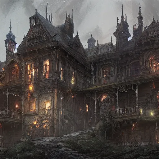 Image similar to detailed the huge haunted house on the edge of a hill , highly detailed, illustration, fantasy art, in the style of greg rutkowski, epic, fantasy, intricate, hyper detailed, artstation, concept art, smooth, sharp focus, ray tracing