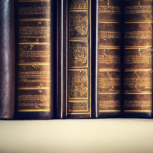 Prompt: a medium shot of a book sitting on a crowed desk, the book is closed, the cover is ornately carved leather, beside the book is an ancient scroll, dark, single light, vignette, magic, fantasy, 4 k