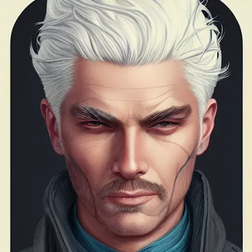 Image similar to man with white hair profile, dark circles, tired, unreal engine, intricate, highly detailed, digital art, digital paiting, overcoat art by JC Leyendecker and sachin teng